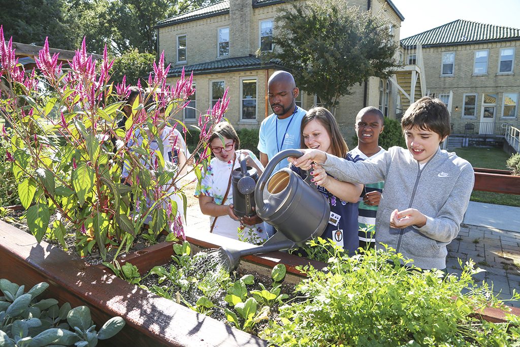 A group of people watering plants in a garden