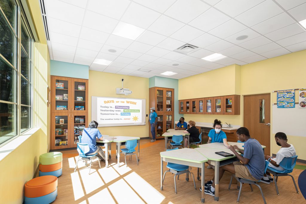 A group of people in a classroom