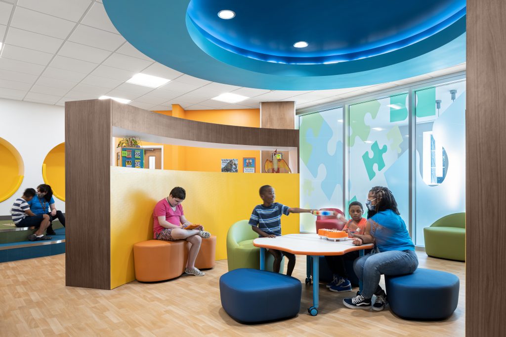 A group of people inside the library